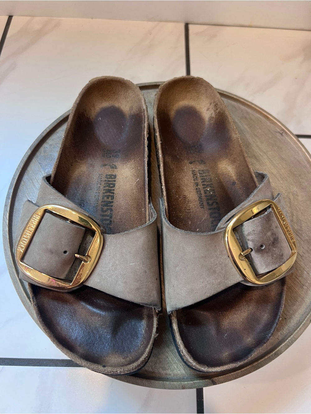 Birkenstock Single-Strap Suede Slides in Taupe with Gold Buckles - Picture 3 of 5